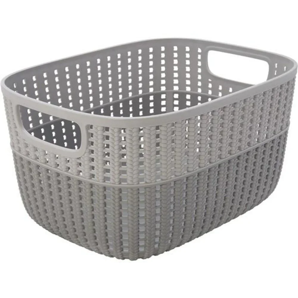Plastic Storage Basket Bin Grey Medium Closet Bathroom Organizer with Handles